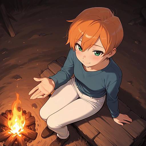 Anime Girl Sitting by Campfire with Outstretched Hand