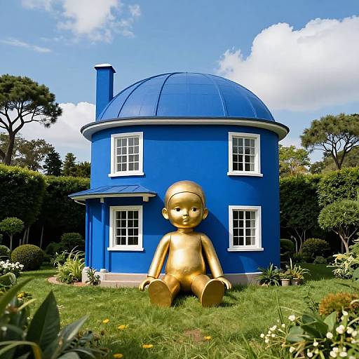Photograph of a bright blue, dome-roofed house with white windows, surrounded by greenery; a large, gold, seated statue of a