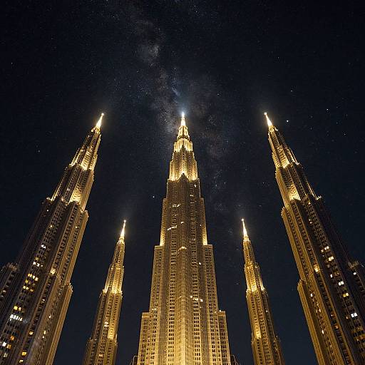Golden Towers Under Cosmic Sky