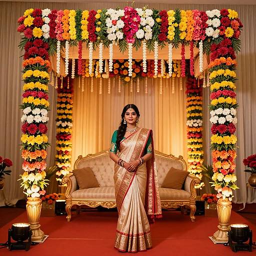 Photograph of an Indian woman in a gold and green saree standing in front of a vibrant floral arch, with a golden sofa behind her, illuminated