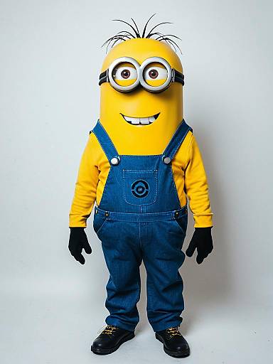 Photograph of a Minion costume: yellow round head, black-rimmed eyes, smiling teeth, blue overalls, yellow shirt, black gloves