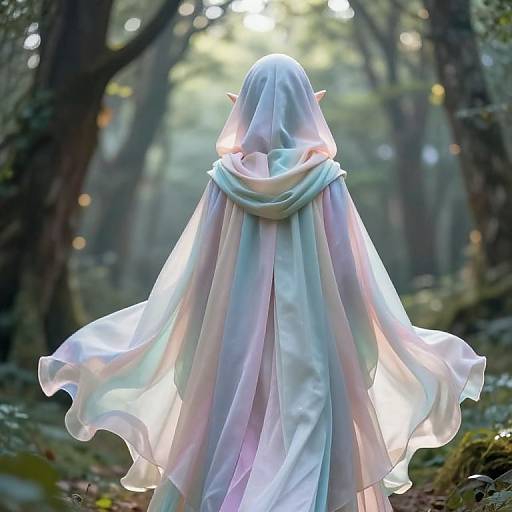 Digital art of a ghostly figure with ethereal, flowing, iridescent cloak and pointed ears, standing in a sunlit forest.