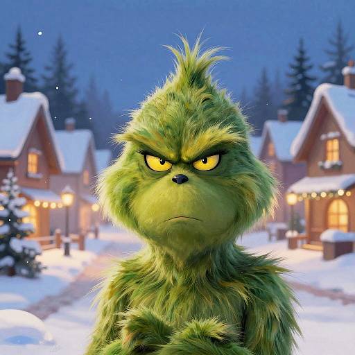 CGI image of an angry, green, furry, anthropomorphic creature with yellow eyes, standing in a snowy village at night.