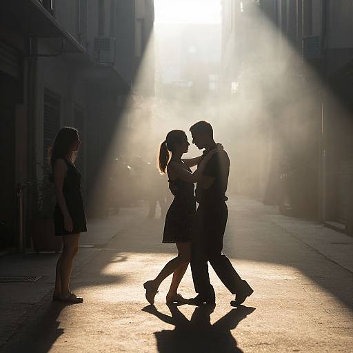Silhouetted couple dancing intimately in a sunlit, foggy alleyway, with a third person standing to the left. Photograph.