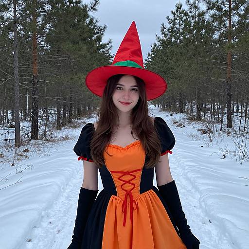 Photograph of a young woman with fair skin, long brown hair, wearing a red witch hat, orange dress with black sleeves, and gloves, standing
