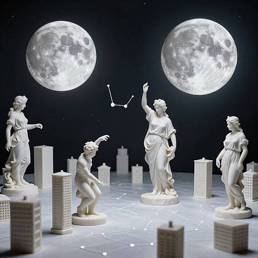 Photograph of white marble statues of classical women under glowing full moons, standing among illuminated cityscape models in a starry night sky.
