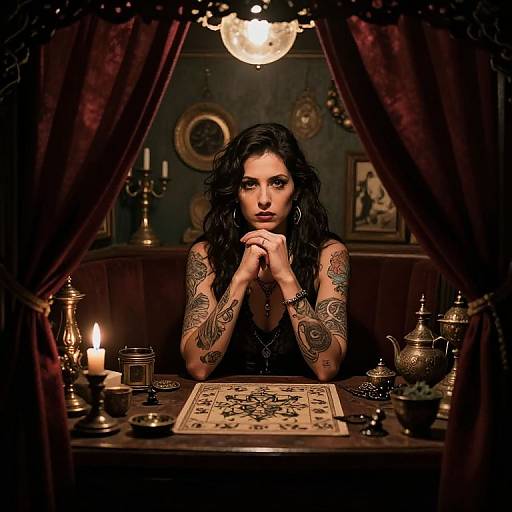 Photograph of a tattooed woman with dark curly hair, intense gaze, and hands clasped, seated at a dimly lit, vintage table with