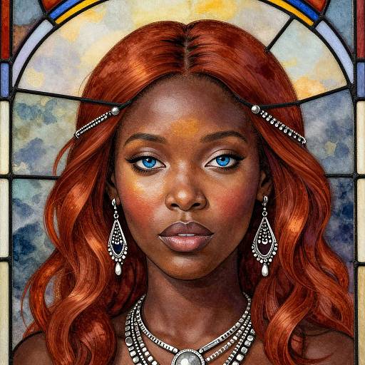 Digital painting of a beautiful Black woman with vibrant red hair, blue eyes, adorned with intricate jewelry, and set against a stained glass background.