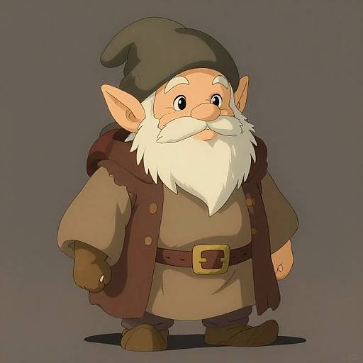 Cartoon-style drawing of a chubby, elderly elf with a large white beard, wearing a dark green hat, brown robe, and belt. Gray background