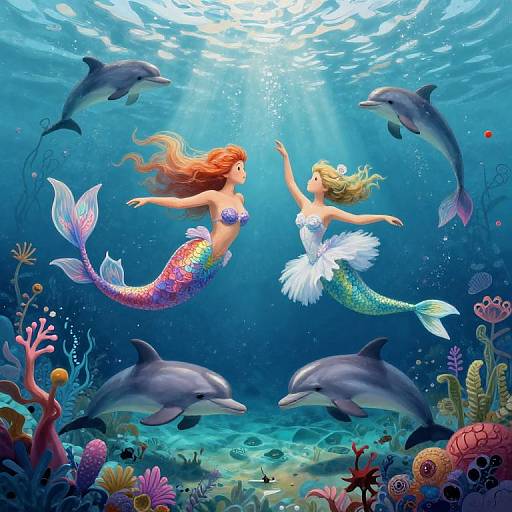 Digital illustration of two mermaids with colorful tails, floating underwater surrounded by dolphins and vibrant coral reefs, sunlight filtering from above.
