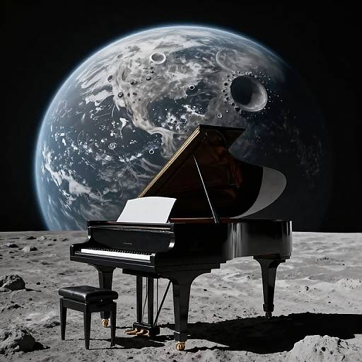 Photograph-style digital artwork of a grand piano on a moonlit, rocky surface with a detailed, swirling Earth and moon in the black space background.