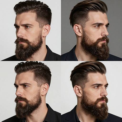 Photograph collage of four side profiles of a bearded, light-skinned man with dark, styled hair and a black shirt.
