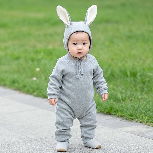 Photograph of a baby with light skin, wearing a gray bunny onesie with white rabbit ears, standing on a concrete path in a green grassy