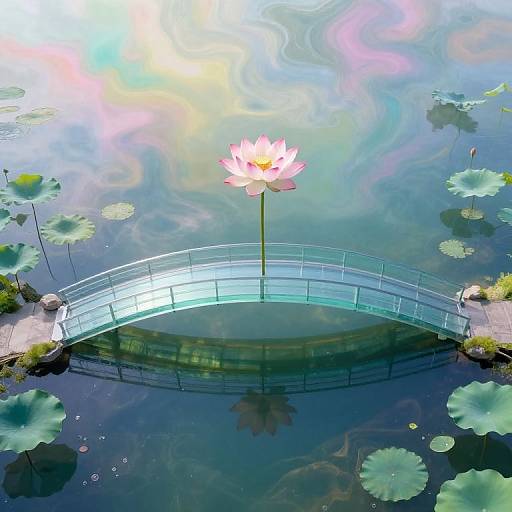 Digital art of a serene pond with a pink lotus flower centered on a glass bridge, surrounded by lily pads and sunlight reflections.