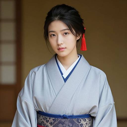 Woman in Grey Kimono with Red Tassel