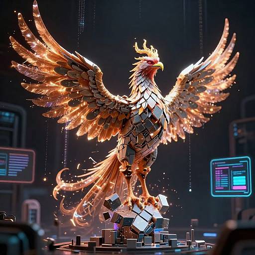 Digital CGI of a glowing, mechanical phoenix with fiery feathers, standing on a metallic platform in a dark, futuristic lab. Neon screens and cables illuminate the