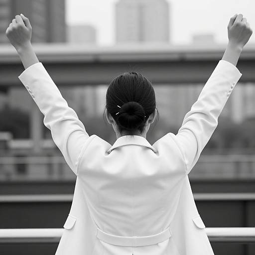 Black-and-white photograph of a woman with her back to the camera, arms raised, wearing a white lab coat, standing in front of a blurred urban