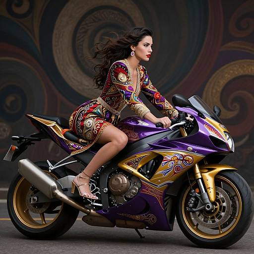 Photograph of a woman with long dark hair, wearing a colorful, ornate dress, riding a purple and gold motorcycle against a swirling, dark background