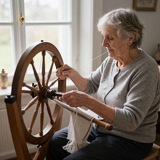 Photograph of an elderly white woman with short gray hair, wearing a gray sweater, spinning white yarn on a wooden spindle in a sunlit room.
