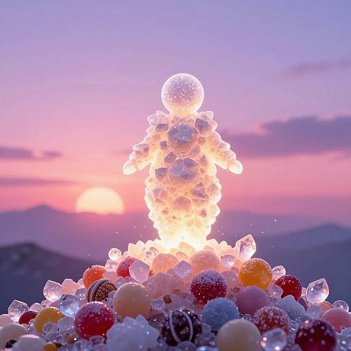 Photograph of a glowing, illuminated, white, spherical Christmas tree adorned with colorful, snow-dusted ornaments against a pink and purple sunset sky.