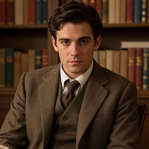 Photograph of a handsome young man with dark hair, wearing a brown tweed suit, white shirt, and black tie, seated in front of a