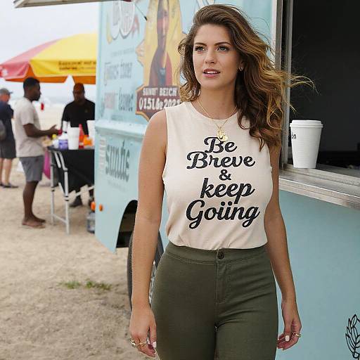 Photograph of a smiling woman with wavy brown hair, wearing a white sleeveless top reading 