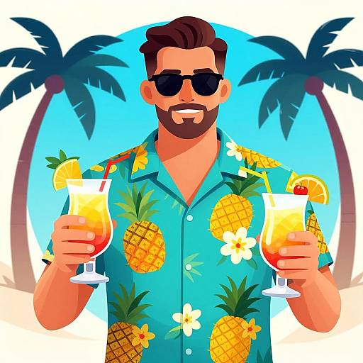 Cartoon-style illustration of a bearded man with sunglasses, wearing a pineapple-patterned shirt, holding two tropical cocktails against a blue sky with palm trees