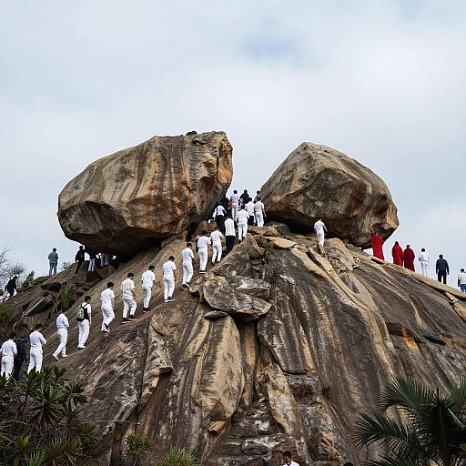 Crowded Rocky Hill Climb with Red-Robed Figures