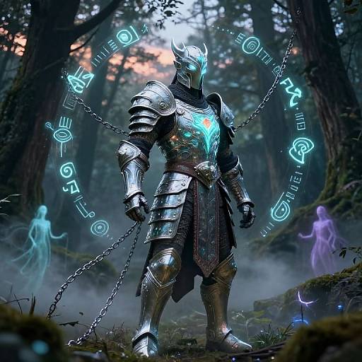 Digital fantasy artwork of a glowing, armored knight with blue runes, chains, and ethereal ghosts in a misty forest.