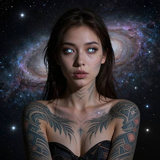 Photograph-style CGI of a tattooed woman with glowing blue eyes, long dark hair, and feather tattoos, set against a starry galaxy background.