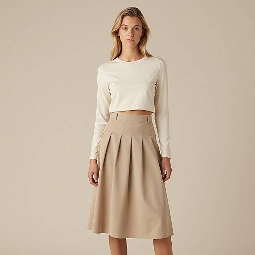 Young Woman in Beige Skirt Outfit
