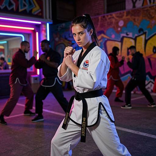 Photograph of a determined young woman in a white martial arts gi with black belt, executing a karate stance in a neon-lit, graffiti-covered