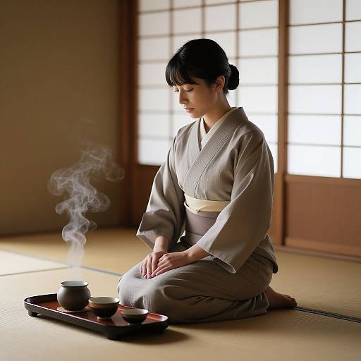 Photograph of a serene Japanese woman in a beige kimono, kneeling on tatami mat, sipping steamy tea in a traditional room.