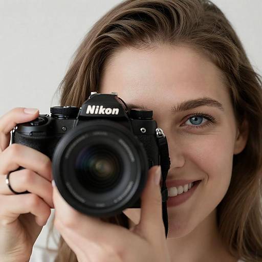 Close-Up of Smiling Woman with Camera
