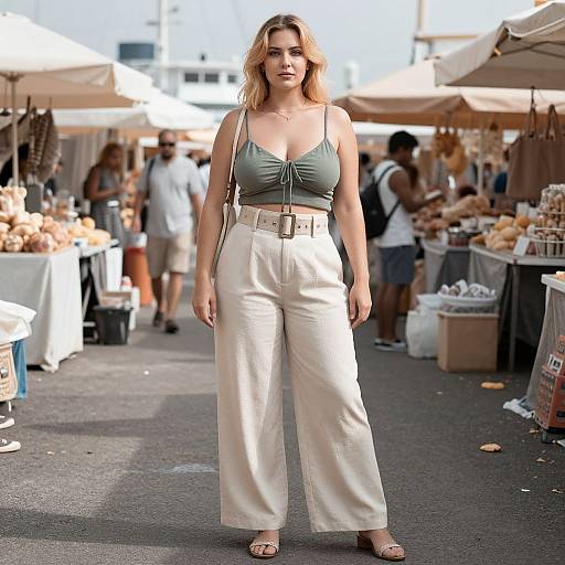 Photograph of a blonde woman with shoulder-length hair, green crop top, and high-waisted white pants, standing in a bustling outdoor market with