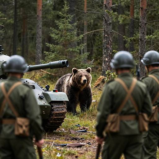 Soldiers Confronting a Bear in Forest