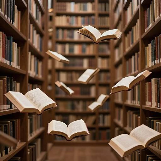 Photograph of six open books floating in mid-air within a library aisle lined with wooden bookshelves filled with various books.