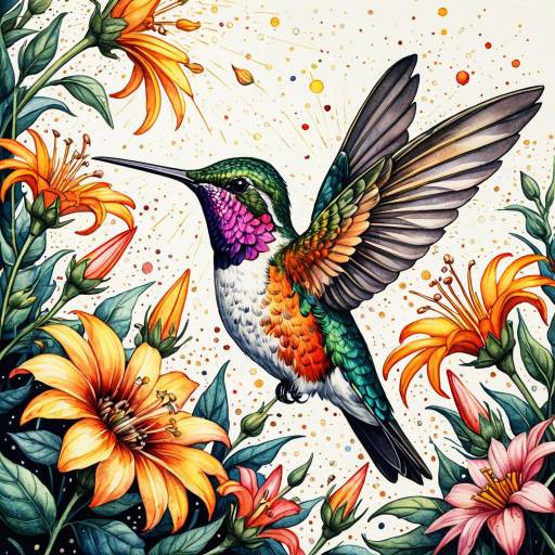 Colorful Hummingbird with Radiant Flowers Colorful Hummingbird with Radiant Flowers