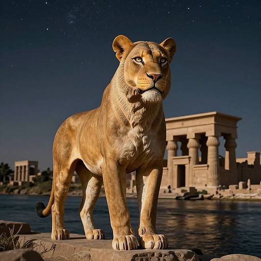 Photorealistic digital artwork of a golden-brown lioness standing on a stone platform, with ancient Egyptian temple ruins and a starry night sky in
