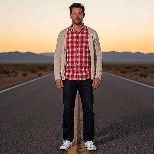 Photograph of a man with short brown hair, beard, wearing a red plaid shirt, beige cardigan, black pants, and white sneakers,