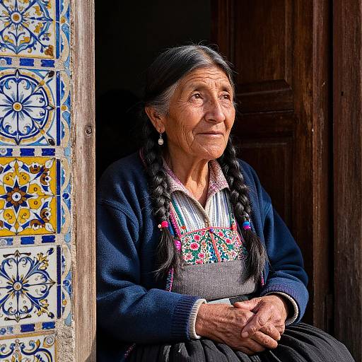 Photograph of an elderly Indigenous woman with long black braids, wearing a dark sweater and colorful embroidered blouse, sitting by a window with vibrant blue and