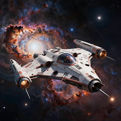 Photorealistic digital art of a white, futuristic spaceship with twin engines, flying through a vibrant, colorful nebula with stars.