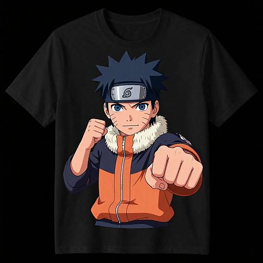 Digital anime-style illustration of Naruto Uzumaki, wearing an orange and black jacket with white fur, black headband, and black shirt, pointing forward