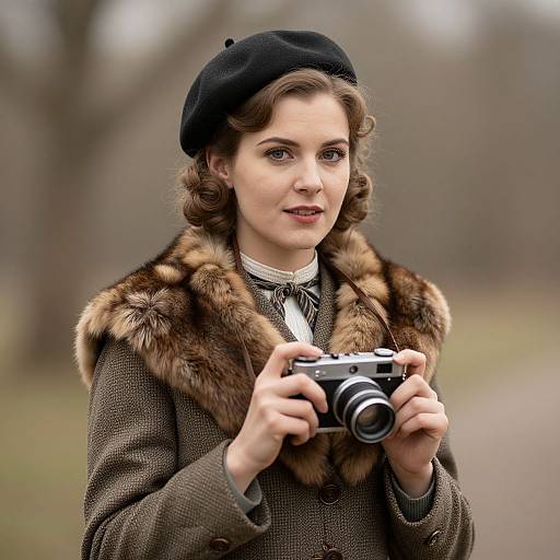 Photograph of a fair-skinned woman with wavy brown hair, wearing a black beret, brown fur-trimmed coat, and holding a