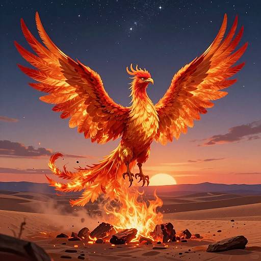 Digital artwork of a fiery phoenix with extended wings standing on a blazing fire in a desert at sunset, under a starry sky.