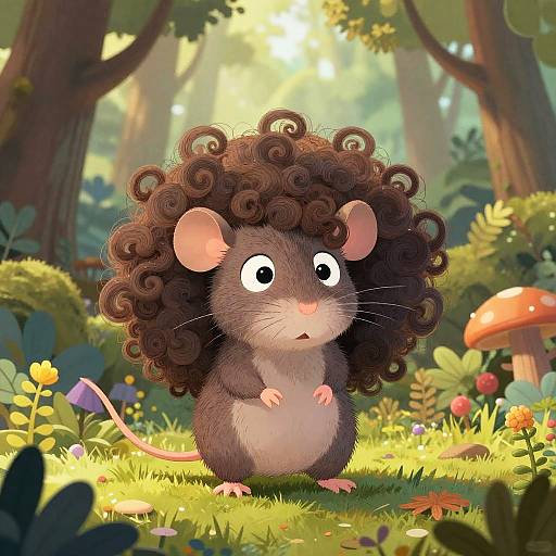 Digital illustration of a cute, wide-eyed grey mouse with a large, curly brown afro standing in a sunlit forest, surrounded by colorful flowers and