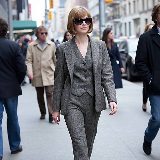 Photograph of a confident woman with short blonde hair, wearing a gray houndstooth suit, black sunglasses, walking in a busy city street.