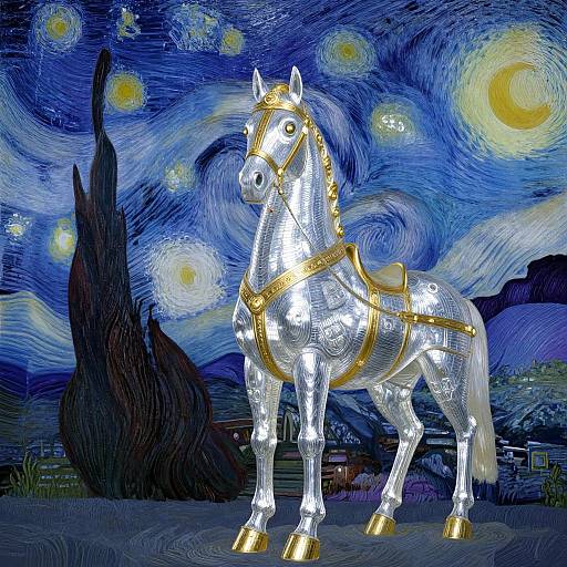 Digital artwork of a shiny silver horse with gold harness and tack, set against Van Gogh's 