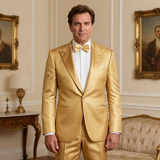 Photograph of a middle-aged man with short brown hair, wearing a shiny gold tuxedo, white shirt, and bow tie, standing in an