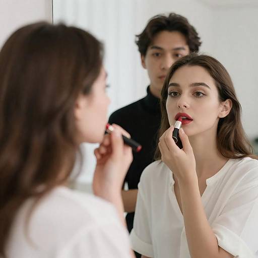 Woman Applying Red Lipstick in Mirror
